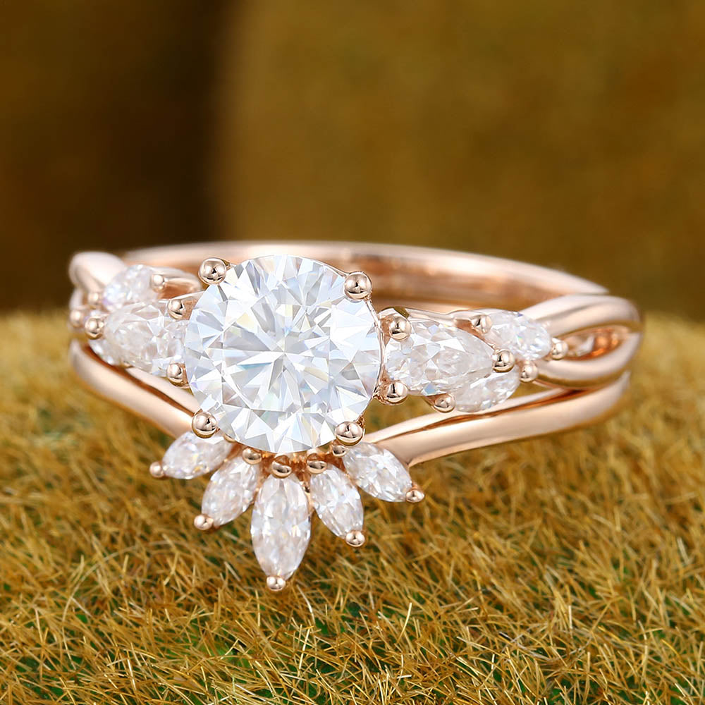 Twisted Design 1CT Round Cut Moissanite Engagement Ring Set with Marquise Cluster Accents