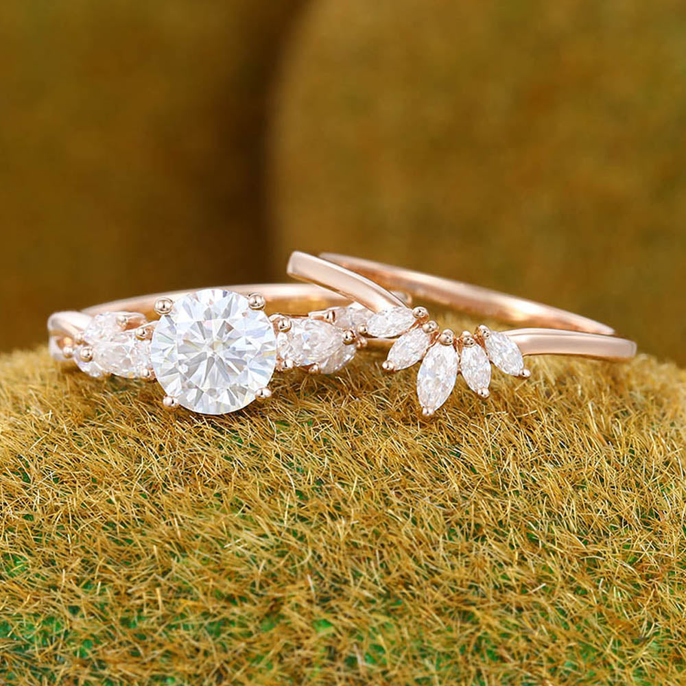 Twisted Design 1CT Round Cut Moissanite Engagement Ring Set with Marquise Cluster Accents