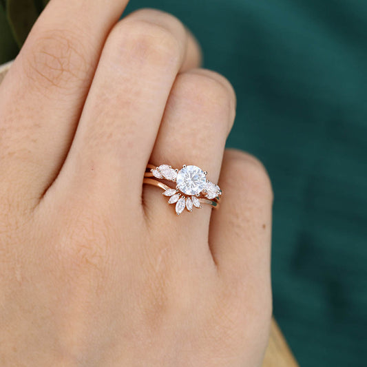 Twisted Design 1CT Round Cut Moissanite Engagement Ring Set with Marquise Cluster Accents