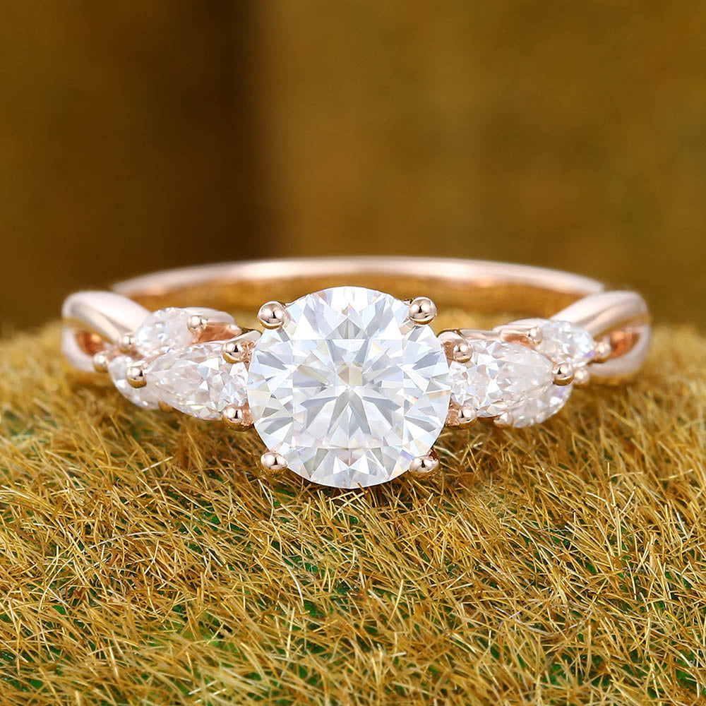 Twisted Design 1CT Round Cut Moissanite Engagement Ring with Pear & Marquise Cluster Accents