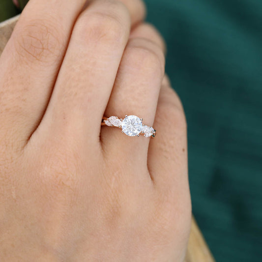 Twisted Design 1CT Round Cut Moissanite Engagement Ring with Pear & Marquise Cluster Accents