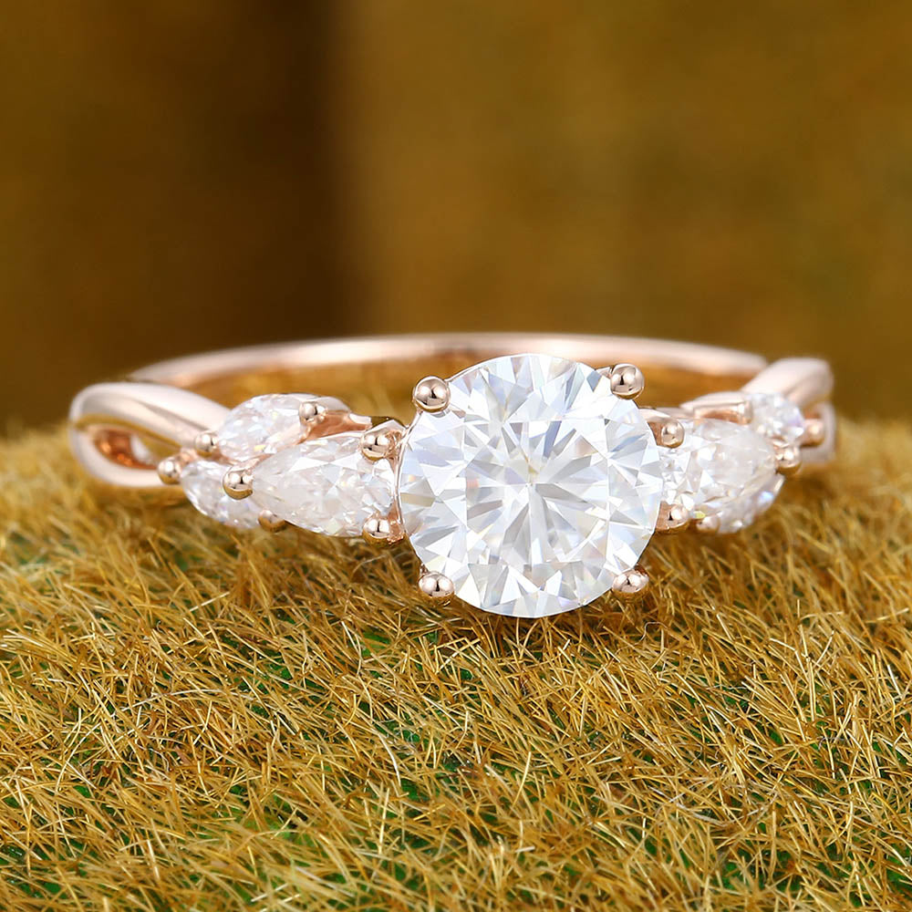 Twisted Design 1CT Round Cut Moissanite Engagement Ring with Pear & Marquise Cluster Accents