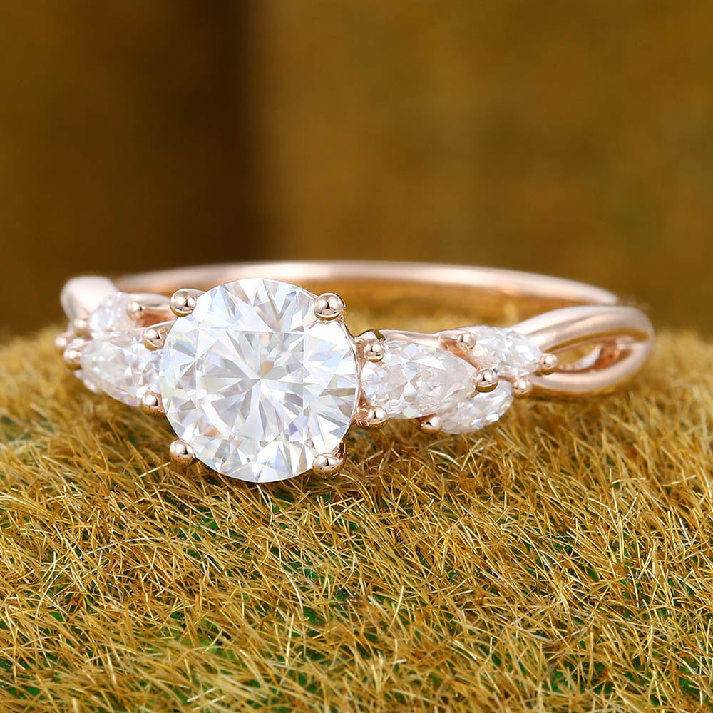 Twisted Design 1CT Round Cut Moissanite Engagement Ring with Pear & Marquise Cluster Accents