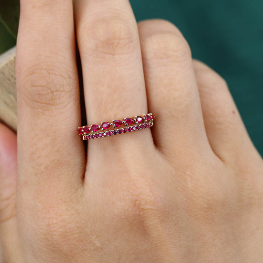 Two-Row Half Eternity Pear & Round Ruby Wedding Band