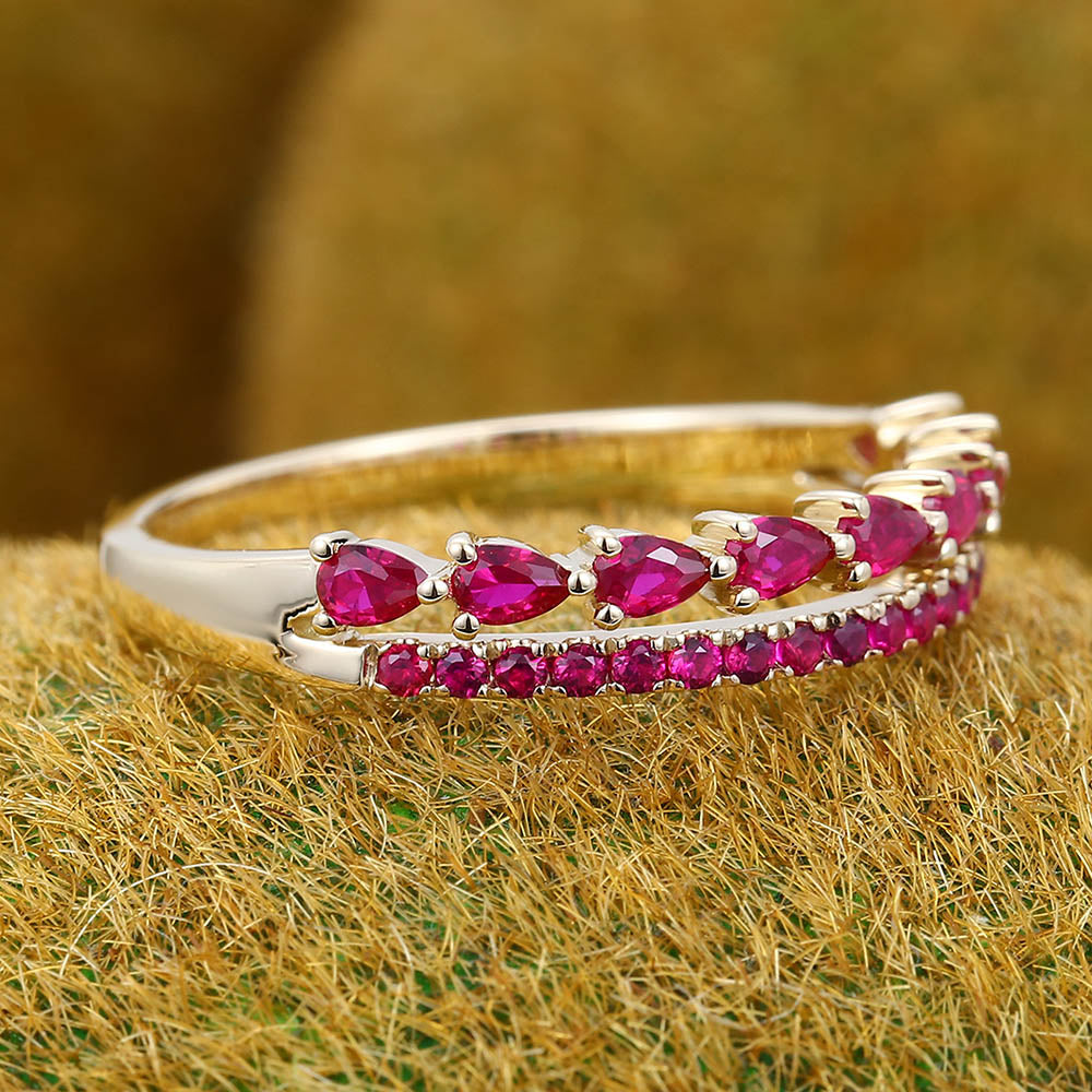 Two-Row Half Eternity Pear & Round Ruby Wedding Band
