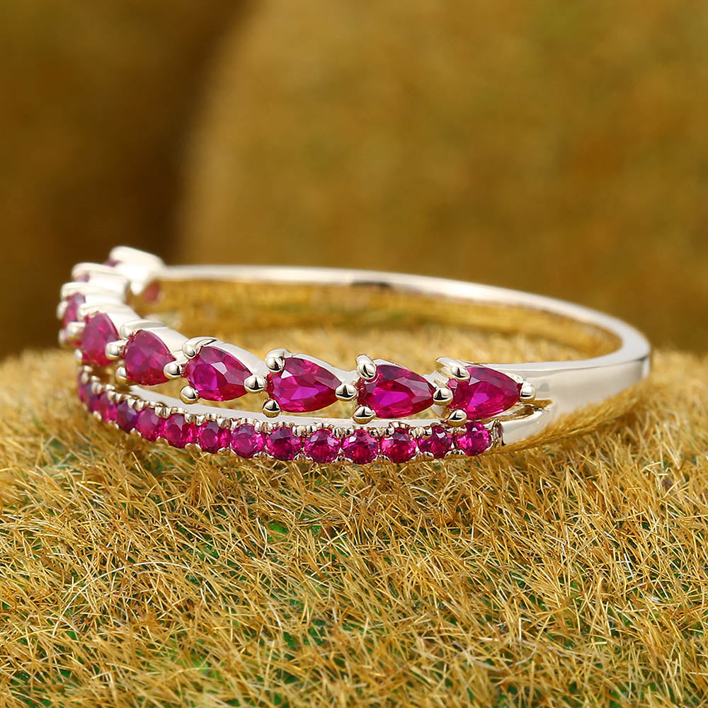Two-Row Half Eternity Pear & Round Ruby Wedding Band