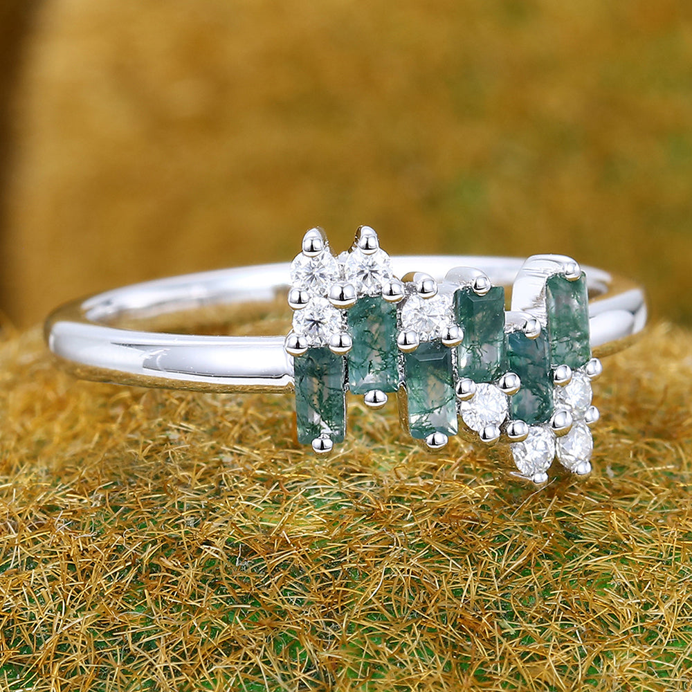Unique Baguette Moss Agate & Round Moissanite Cluster Engagement Ring