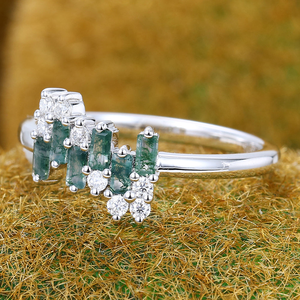 Unique Baguette Moss Agate & Round Moissanite Cluster Engagement Ring