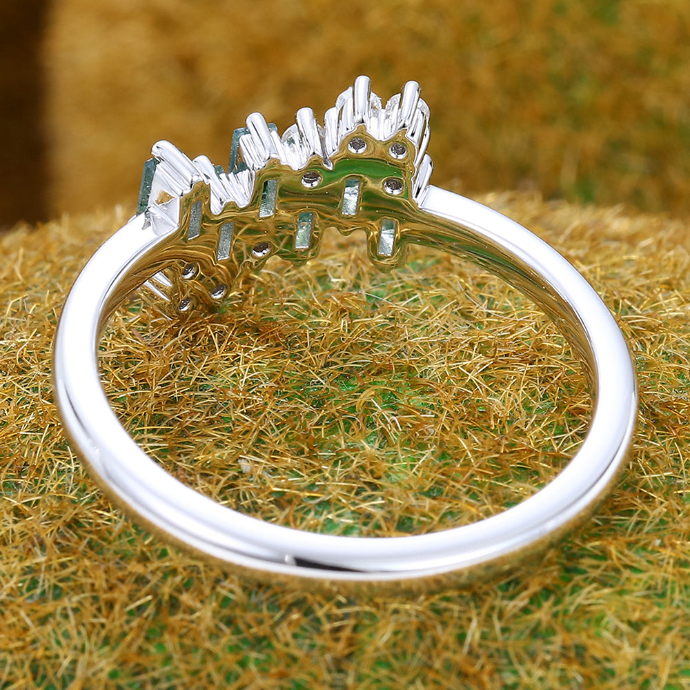Unique Baguette Moss Agate & Round Moissanite Cluster Engagement Ring