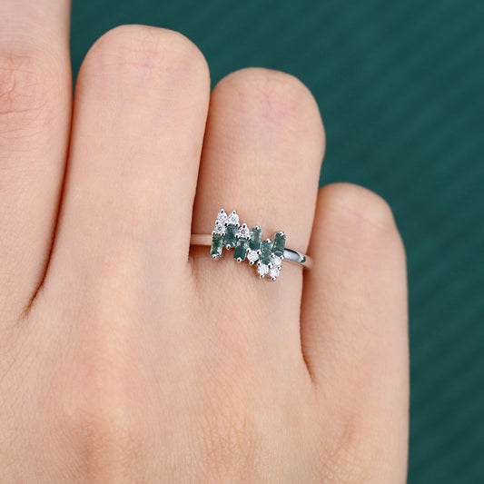 Unique Baguette Moss Agate & Round Moissanite Cluster Engagement Ring