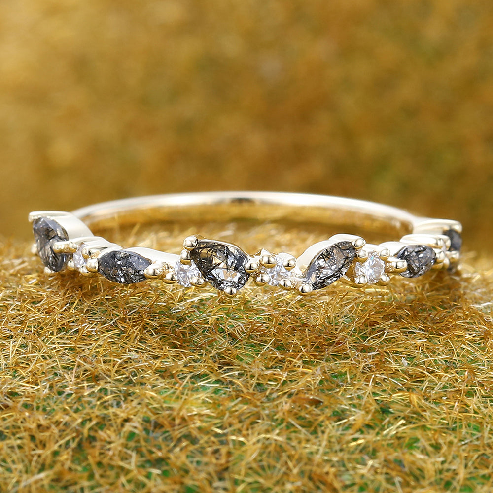 Black Rutilated Quartz Wedding Band Half Eternity Matching Ring