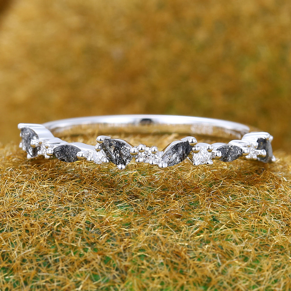 Black Rutilated Quartz Wedding Band Half Eternity Matching Ring