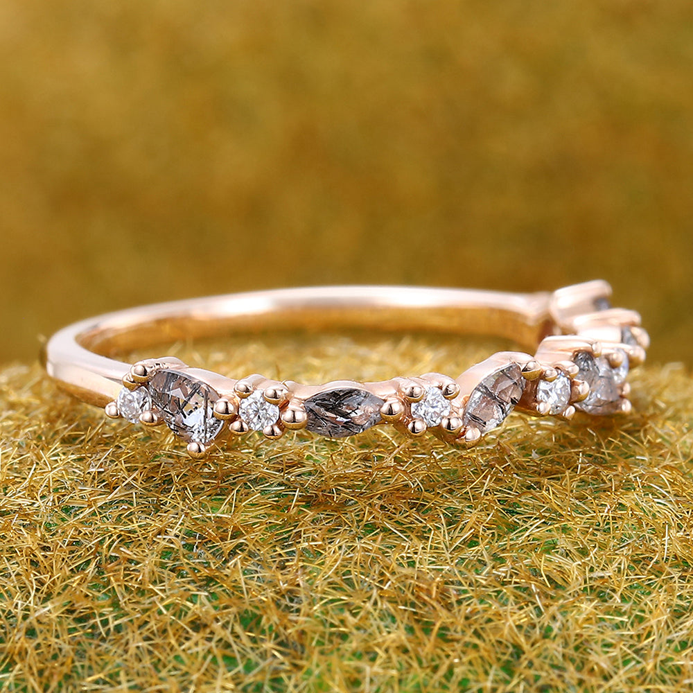 Black Rutilated Quartz Wedding Band Half Eternity Matching Ring