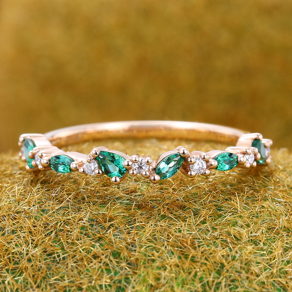 Emerald Wedding Band Half Eternity Matching Ring