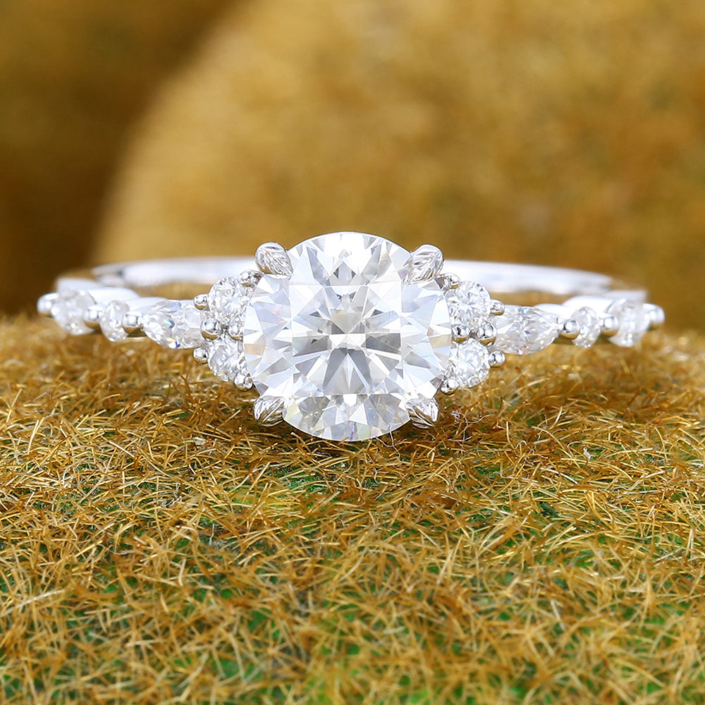 Unique Leaf Prongs Design 1CT Round Cut Moissanite Cluster Engagement Ring