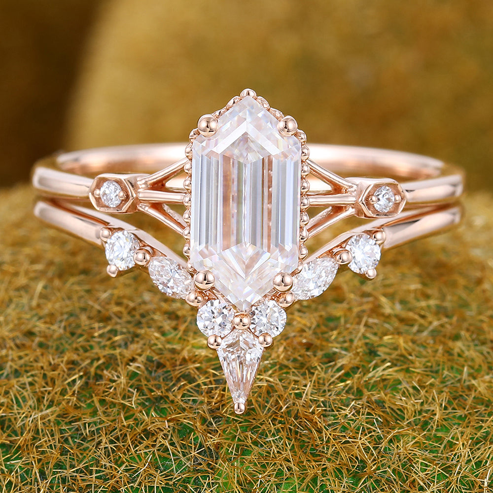 Long Hexagon Cut Moissanite Engagement Ring Set Gothic Bridal Ring Set