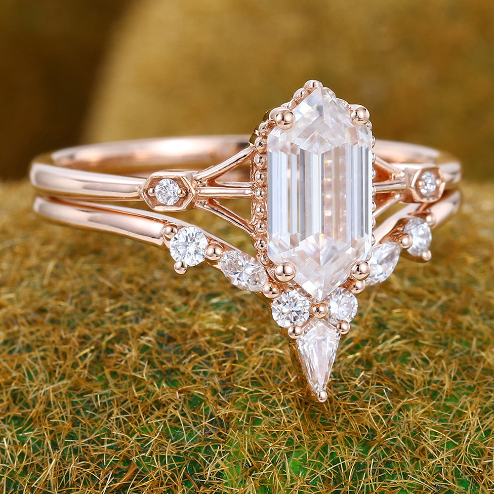 Long Hexagon Cut Moissanite Engagement Ring Set Gothic Bridal Ring Set