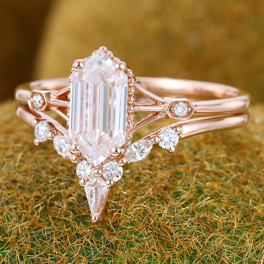 Long Hexagon Cut Moissanite Engagement Ring Set Gothic Bridal Ring Set