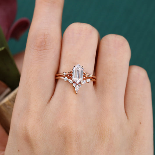 Long Hexagon Cut Moissanite Engagement Ring Set Gothic Bridal Ring Set