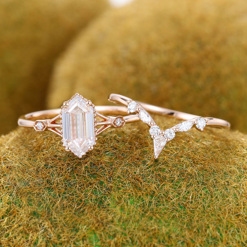 Long Hexagon Cut Moissanite Engagement Ring Set Gothic Bridal Ring Set