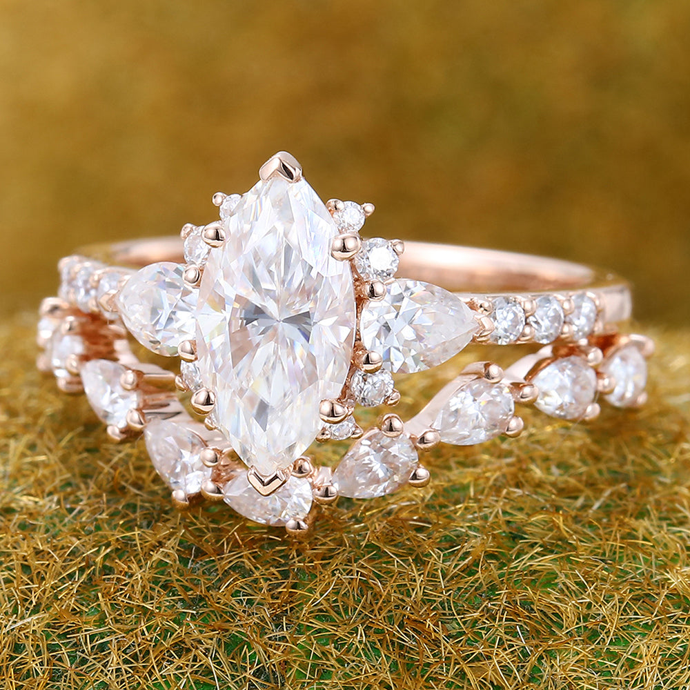 Unique Marquise Cut Moissanite Engagement Ring Set 2PCS Bridal Ring Set
