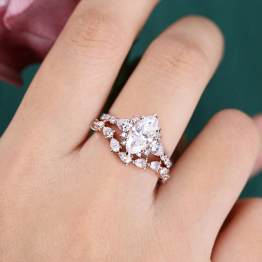Unique Marquise Cut Moissanite Engagement Ring Set 2PCS Bridal Ring Set