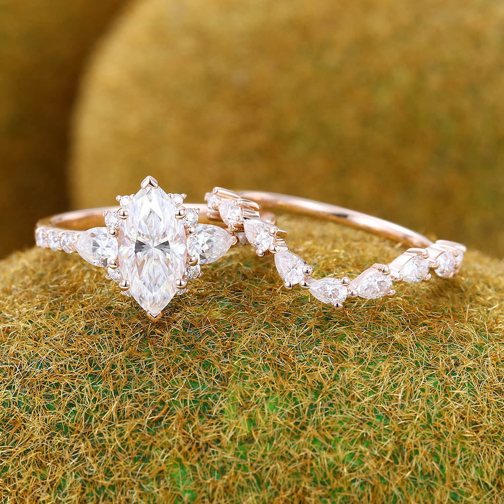 Unique Marquise Cut Moissanite Engagement Ring Set 2PCS Bridal Ring Set