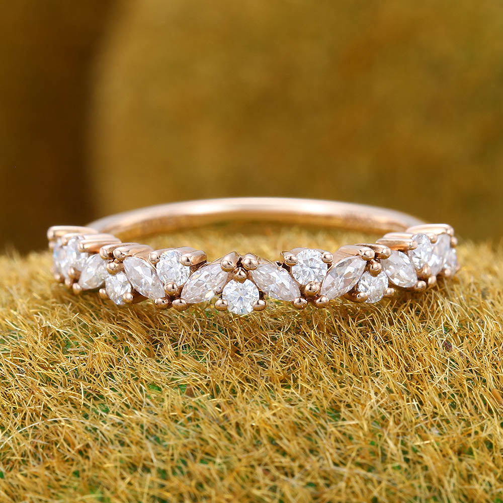 Unique Marquise cut moissanite wedding band Vintage diamond Rose gold wedding band Half eternity Wedding band Bridal Matching Stackable band