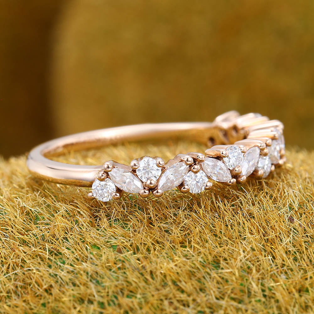 Unique Marquise cut moissanite wedding band Vintage diamond Rose gold wedding band Half eternity Wedding band Bridal Matching Stackable band