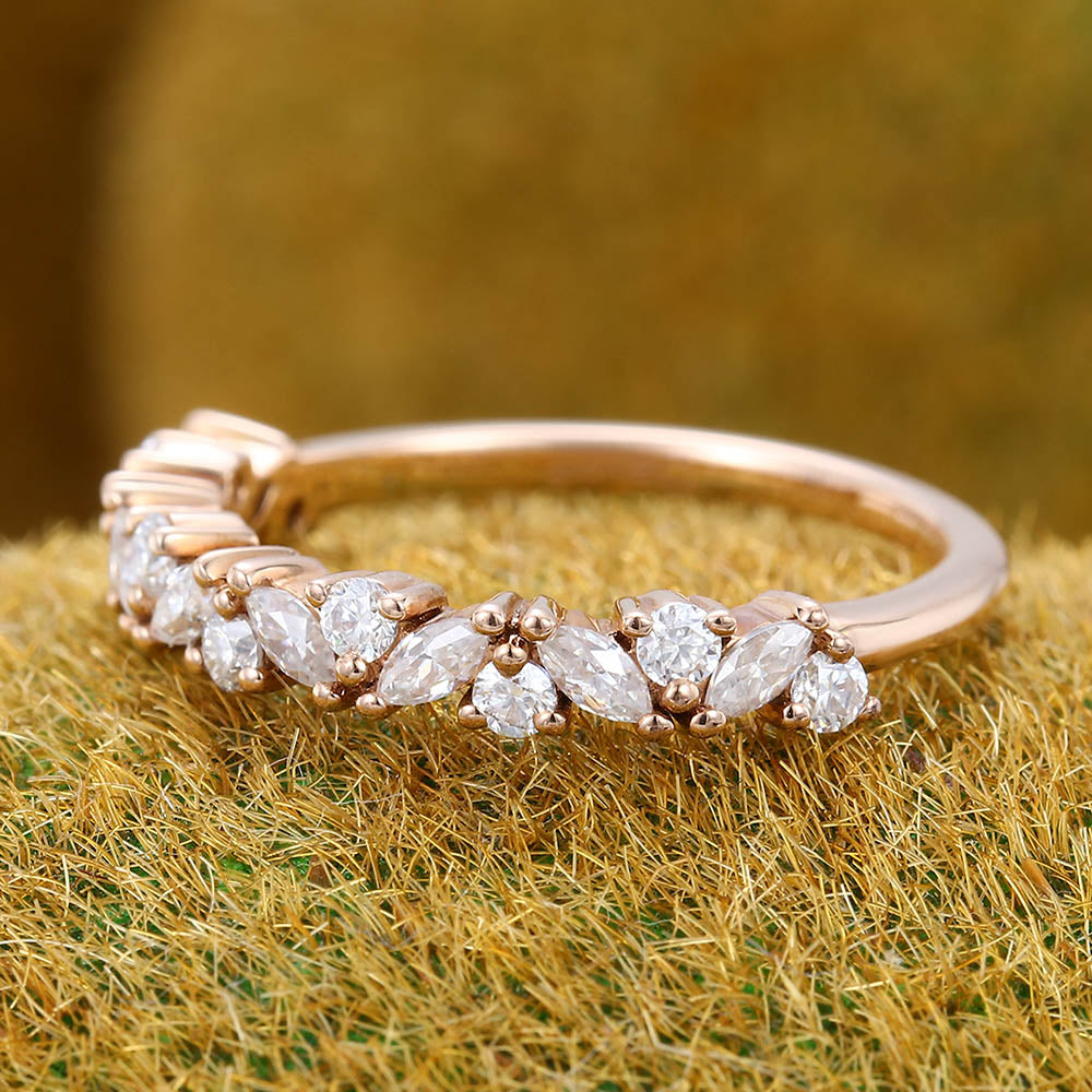 Unique Marquise cut moissanite wedding band Vintage diamond Rose gold wedding band Half eternity Wedding band Bridal Matching Stackable band