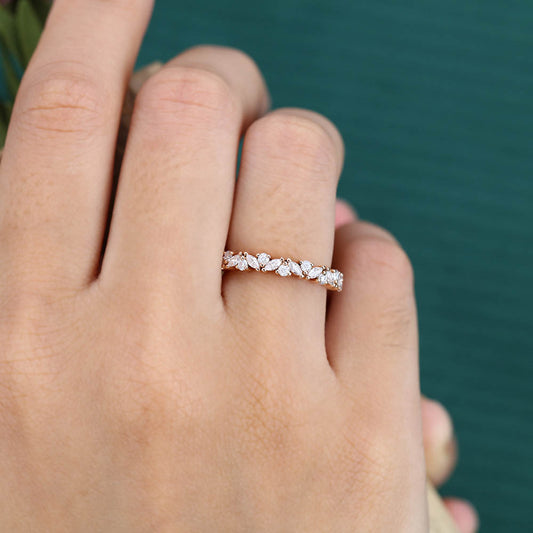 Unique Marquise cut moissanite wedding band Vintage diamond Rose gold wedding band Half eternity Wedding band Bridal Matching Stackable band