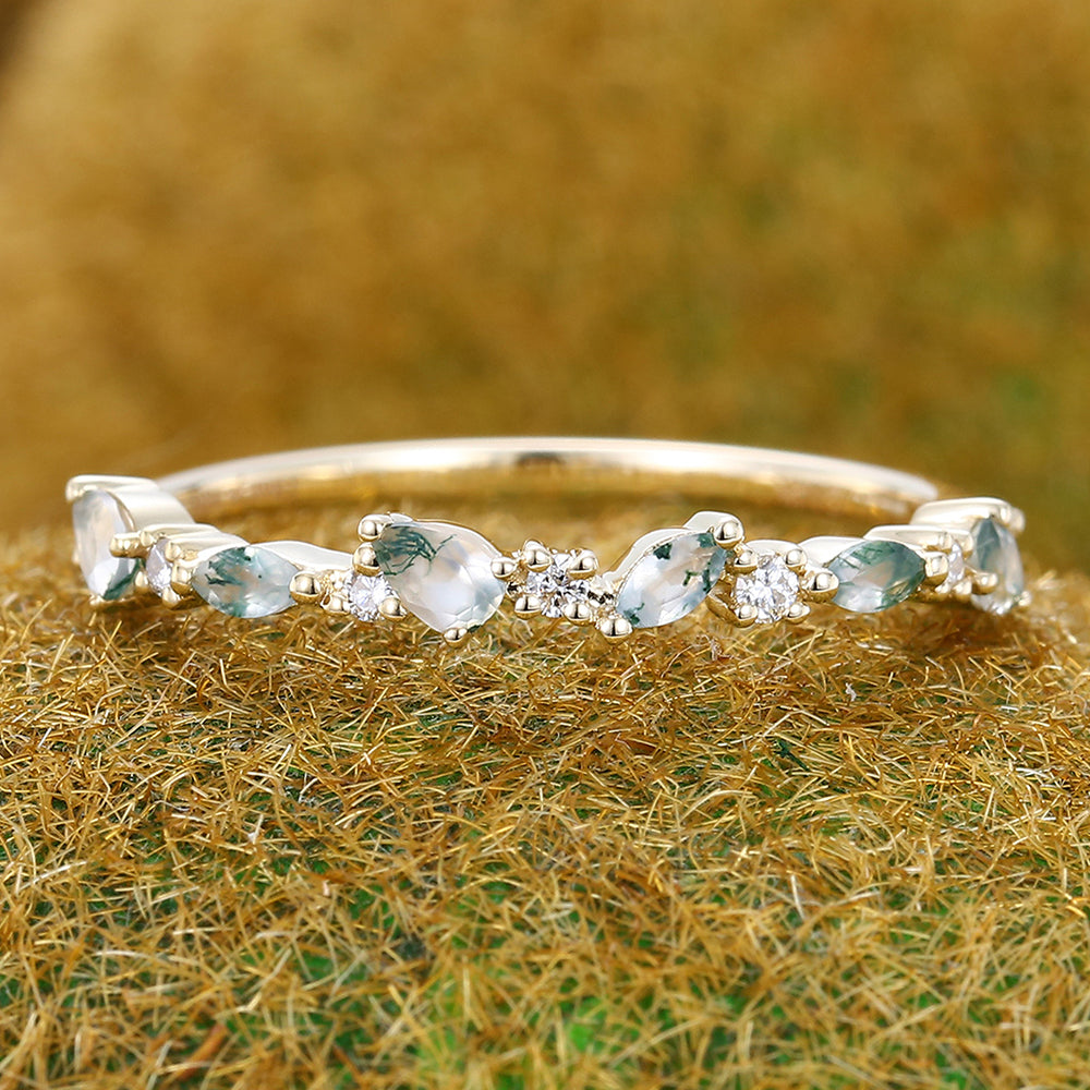 Unique Moss Agate Wedding Band Half Eternity Bridal Matching Stackable Ring