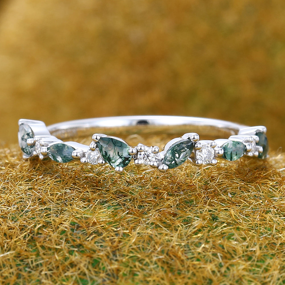 Unique Moss Agate Wedding Band Half Eternity Bridal Matching Stackable Ring