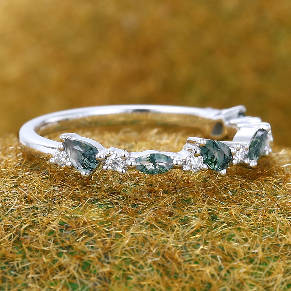 Unique Moss Agate Wedding Band Half Eternity Bridal Matching Stackable Ring