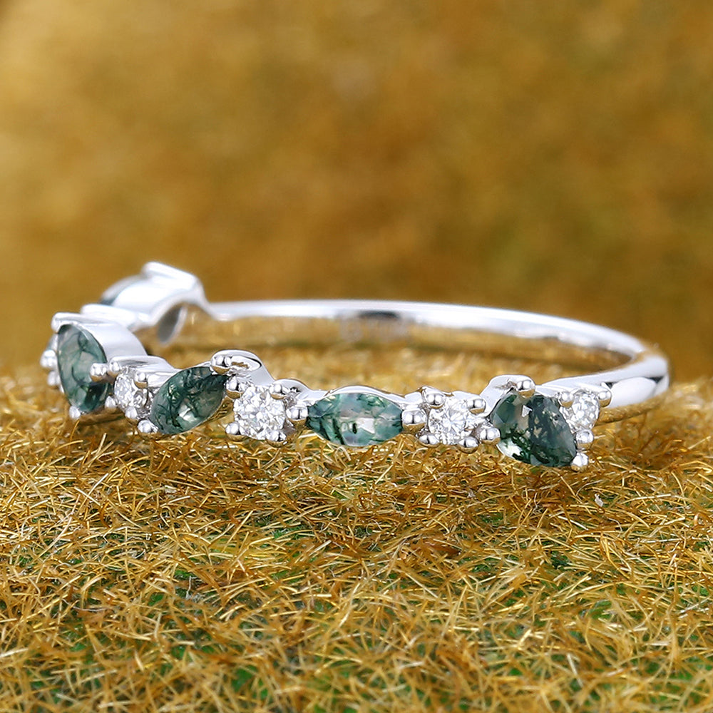 Unique Moss Agate Wedding Band Half Eternity Bridal Matching Stackable Ring