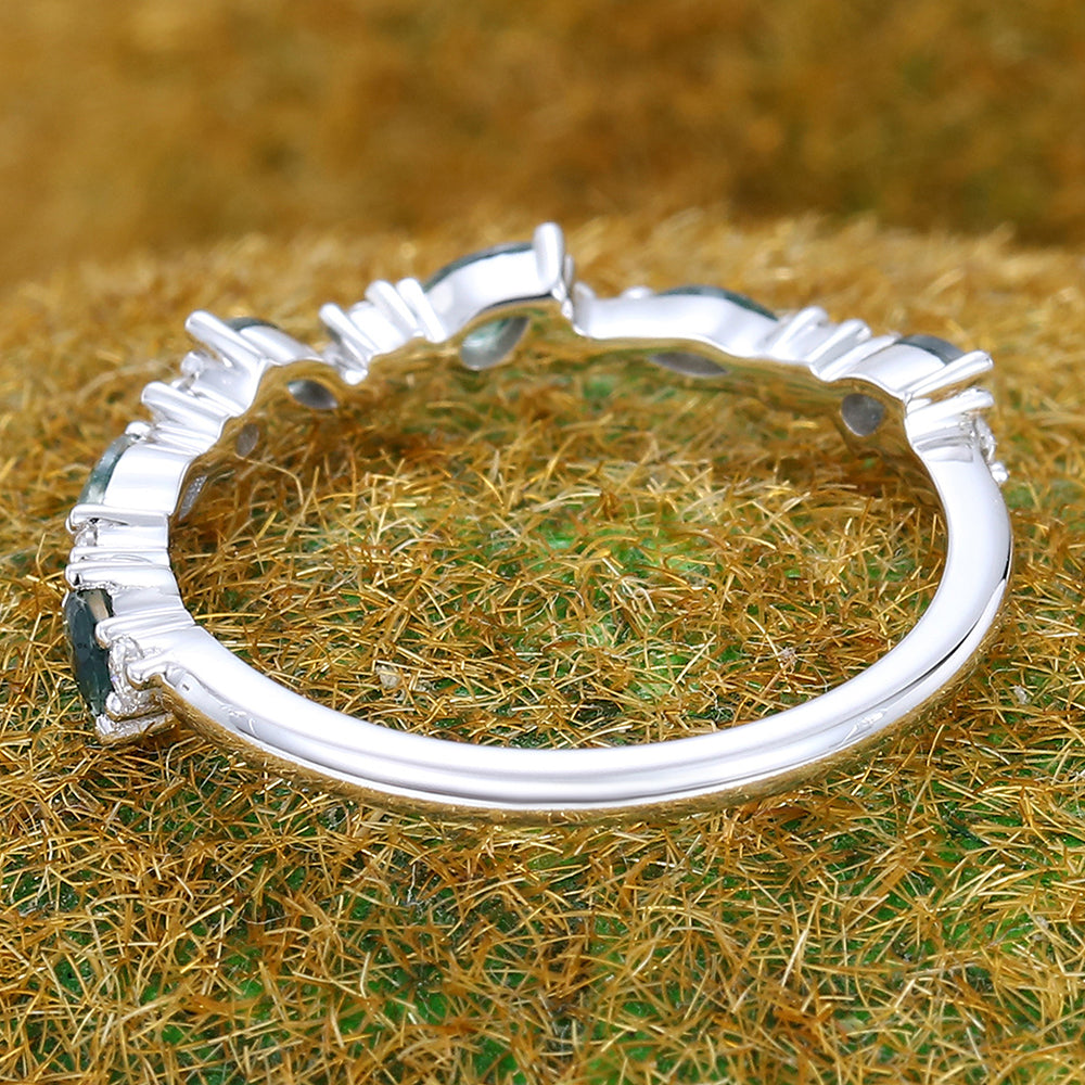 Unique Moss Agate Wedding Band Half Eternity Bridal Matching Stackable Ring