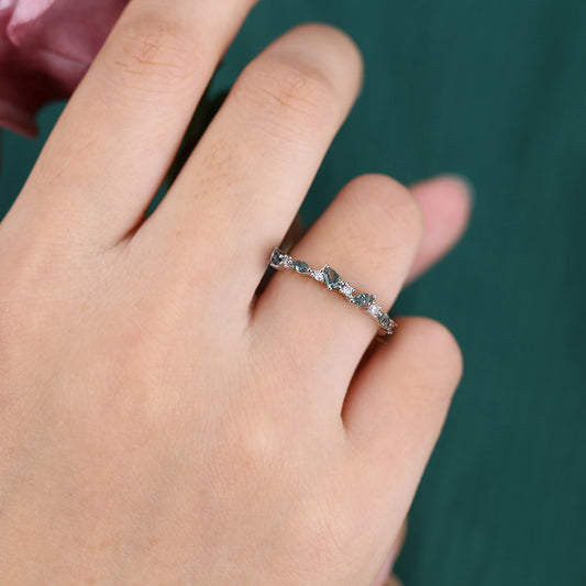Unique Moss Agate Wedding Band Half Eternity Bridal Matching Stackable Ring