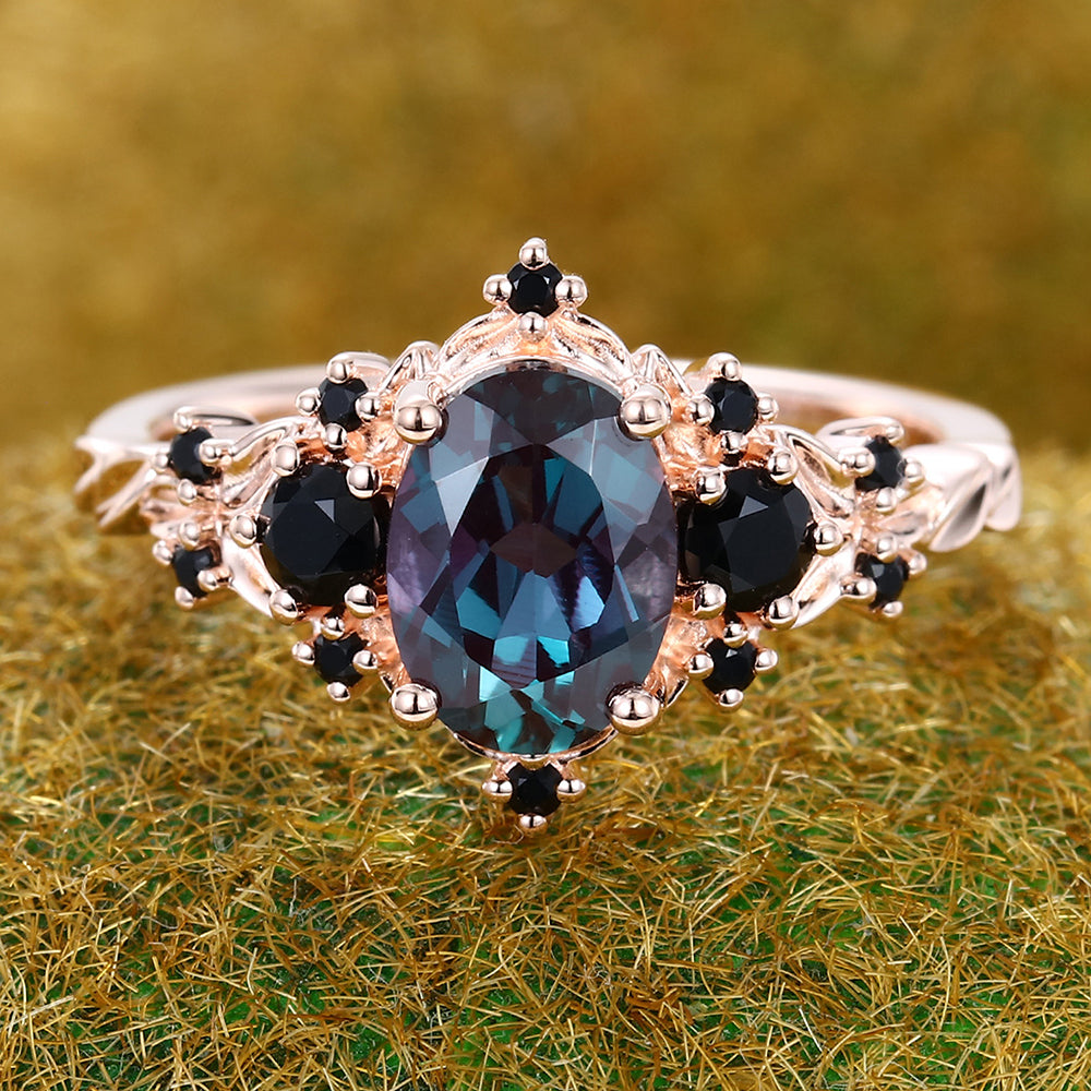 Vintage Oval Cut Alexandrite Engagement Ring with Black Onyx Accents