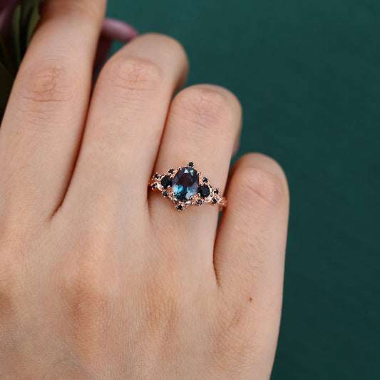 Vintage Oval Cut Alexandrite Engagement Ring with Black Onyx Accents