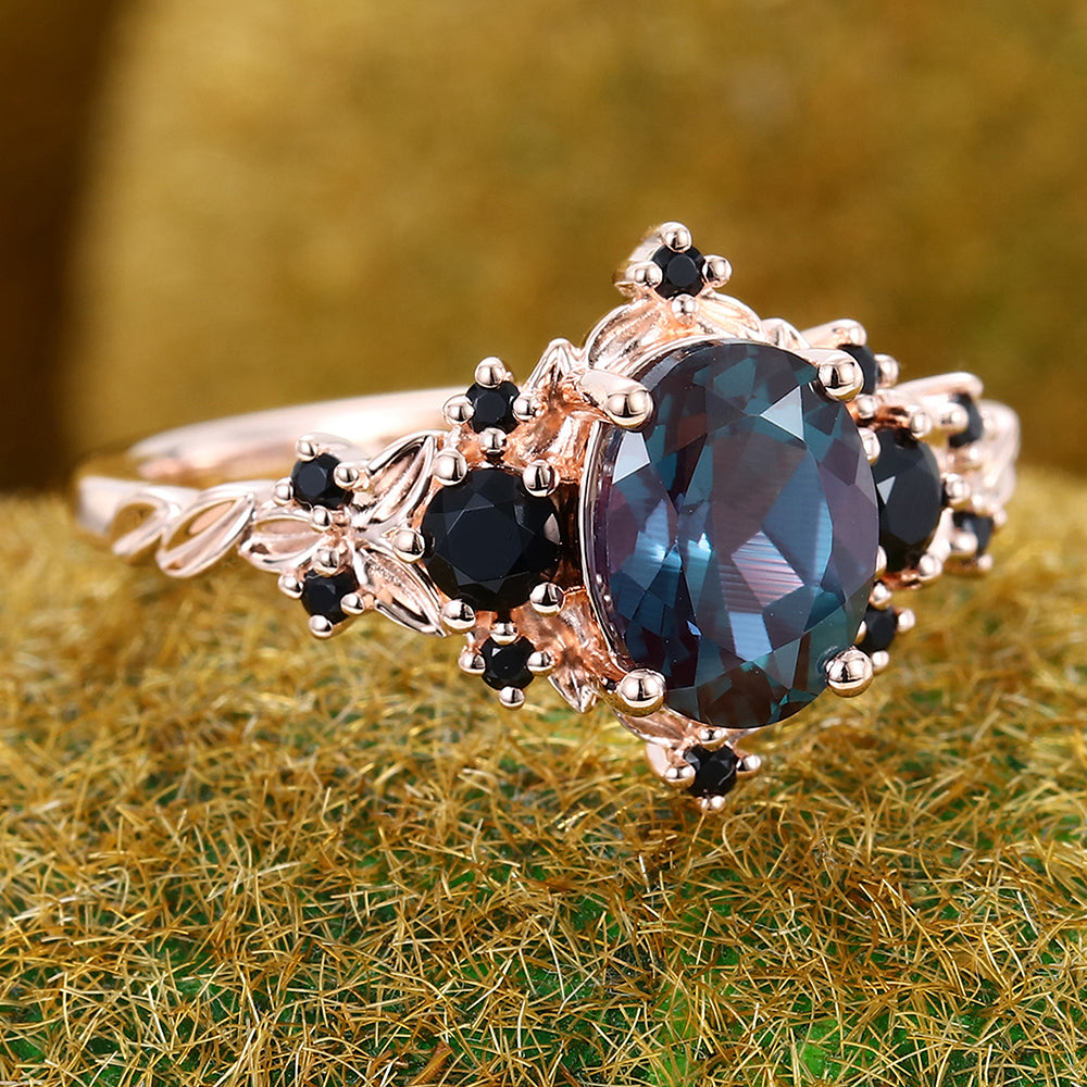 Vintage Oval Cut Alexandrite Engagement Ring with Black Onyx Accents