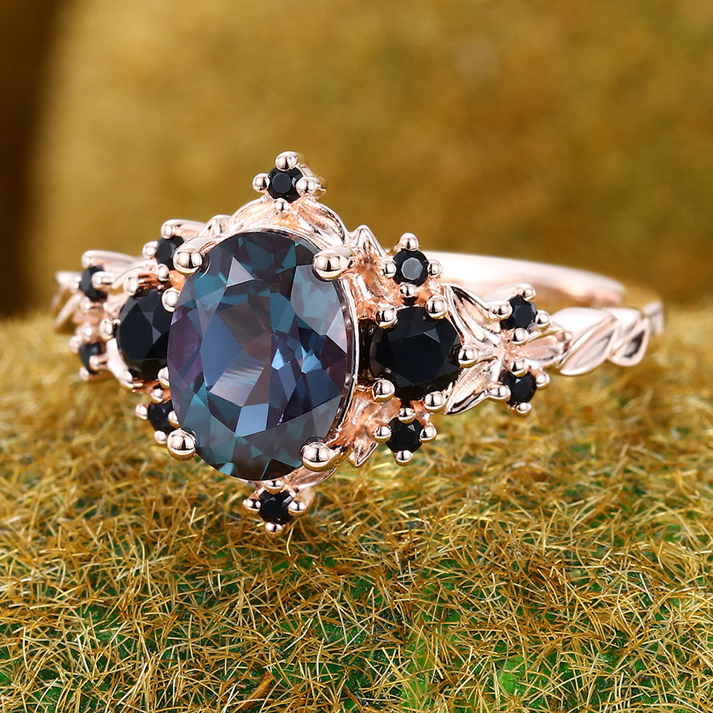 Vintage Oval Cut Alexandrite Engagement Ring with Black Onyx Accents