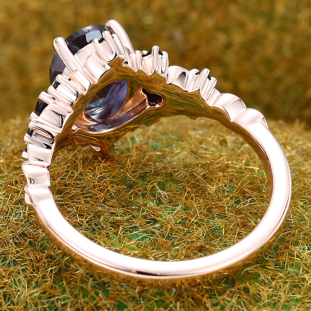Vintage Oval Cut Alexandrite Engagement Ring with Black Onyx Accents