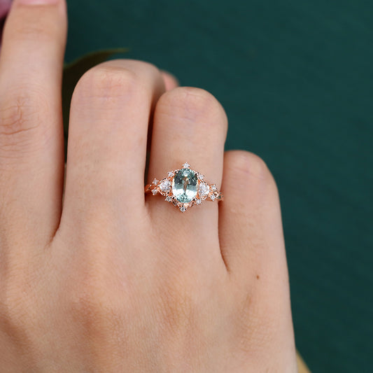 Vintage Oval Cut Green Sapphire Engagement Ring