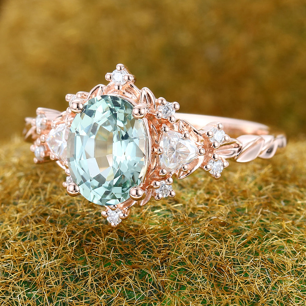Vintage Oval Cut Green Sapphire Engagement Ring