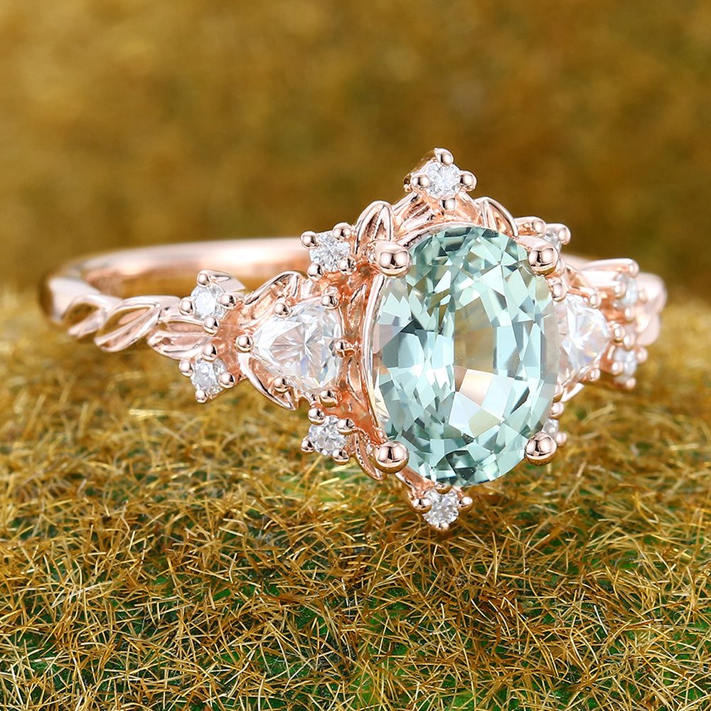 Vintage Oval Cut Green Sapphire Engagement Ring