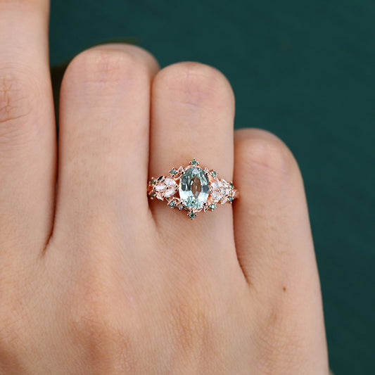 Delicate Oval Cut Green Sapphire Engagement Ring Nature-Inspired Cluster