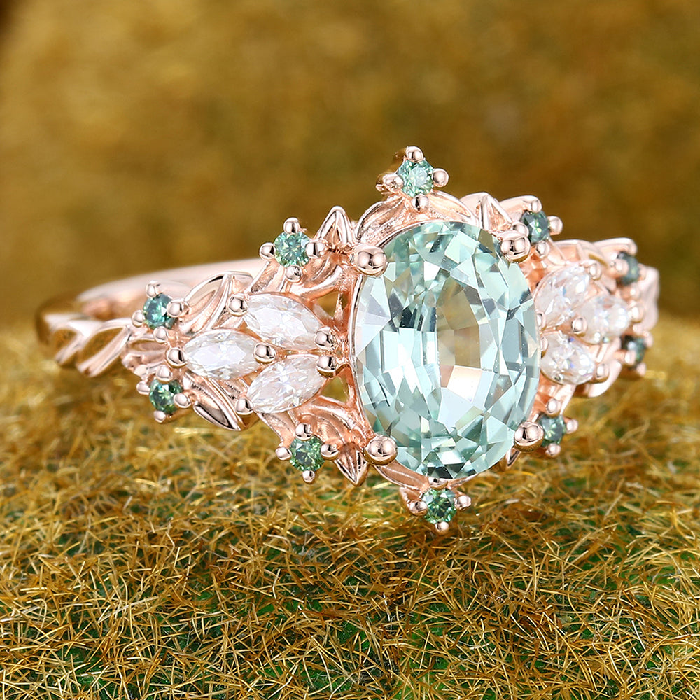 Delicate Oval Cut Green Sapphire Engagement Ring Nature-Inspired Cluster
