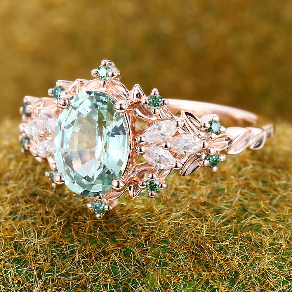 Delicate Oval Cut Green Sapphire Engagement Ring Nature-Inspired Cluster