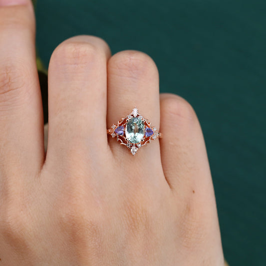 Unique Oval Green Sapphire Engagement Ring With Moissanite & Tanzanite