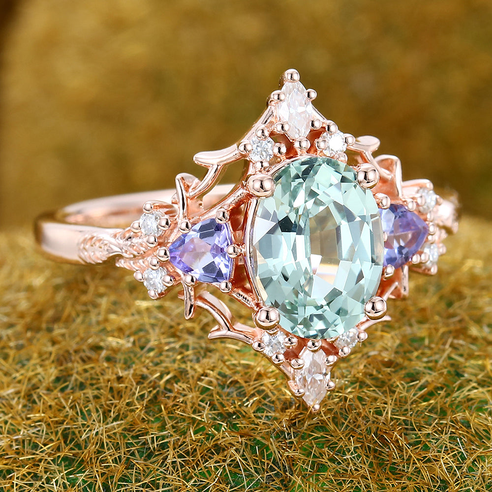 Unique Oval Green Sapphire Engagement Ring With Moissanite & Tanzanite